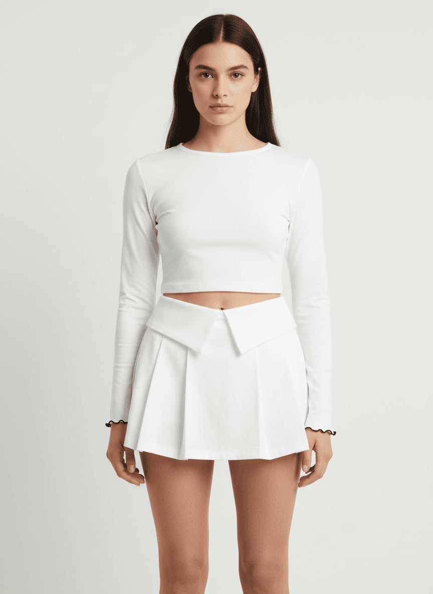 White Pleated Mini Skirt With Long-Sleeve Crop Top — Trendy White Skirt Outfit