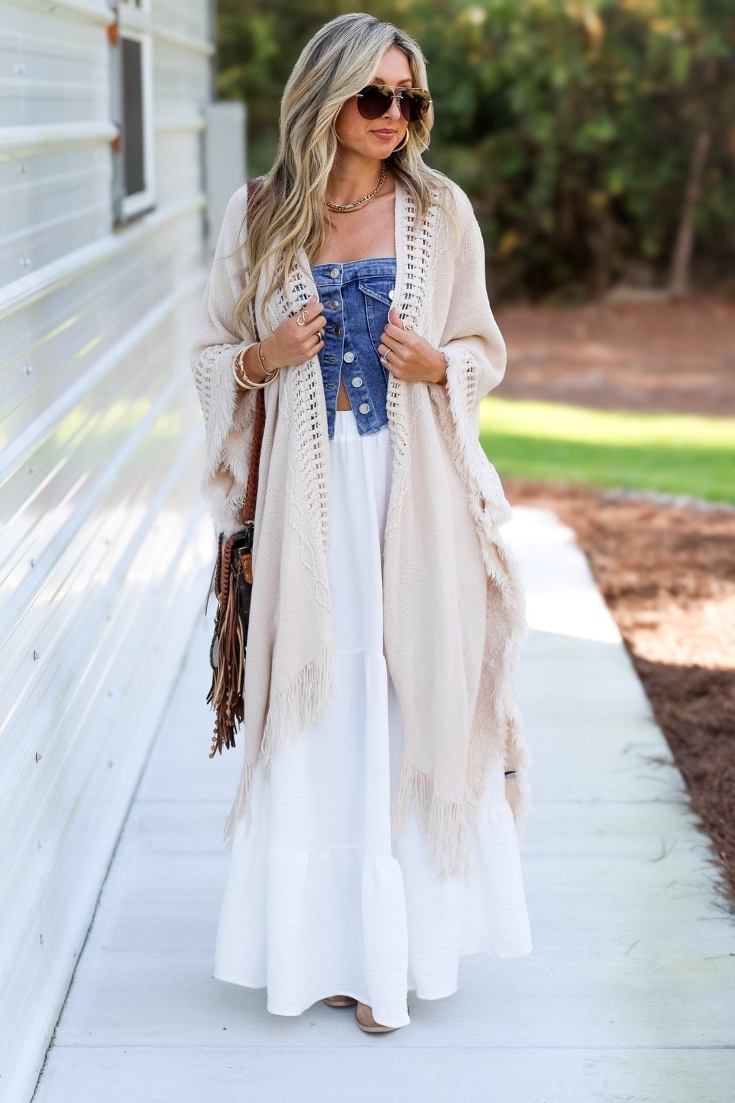 Tiered White Maxi Skirt With Denim Bandeau Top — Trendy White Skirt Outfit