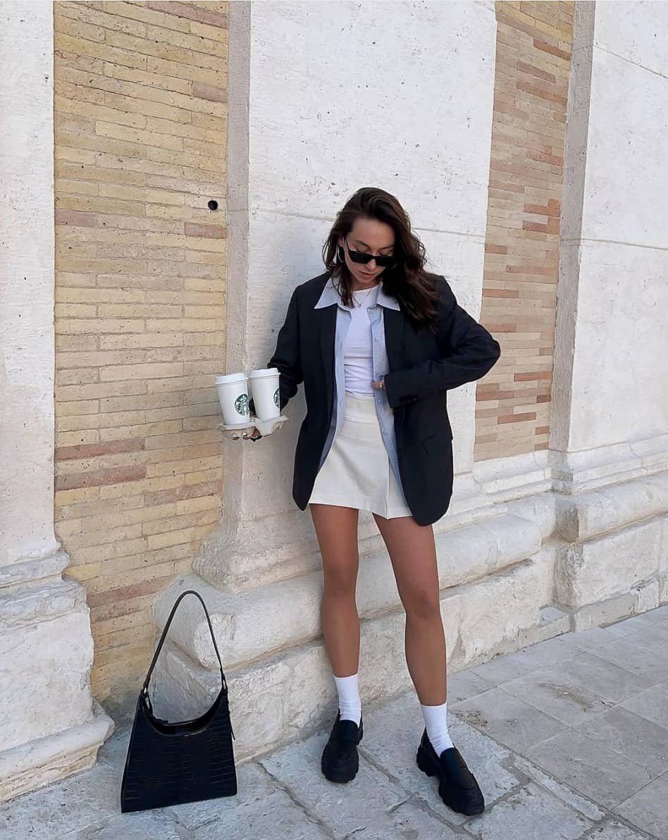 White A-Line Mini Skirt With Oversized Blazer — Trendy White Skirt Outfit