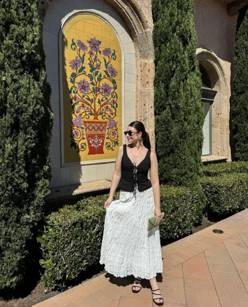 White Crinkled Maxi Skirt With Lace-Up Tank Top — Trendy White Skirt Outfit