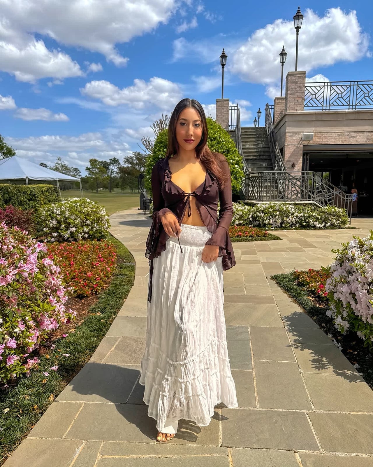 White Tiered Maxi Skirt With Sheer Brown Top — Trendy White Skirt Outfit