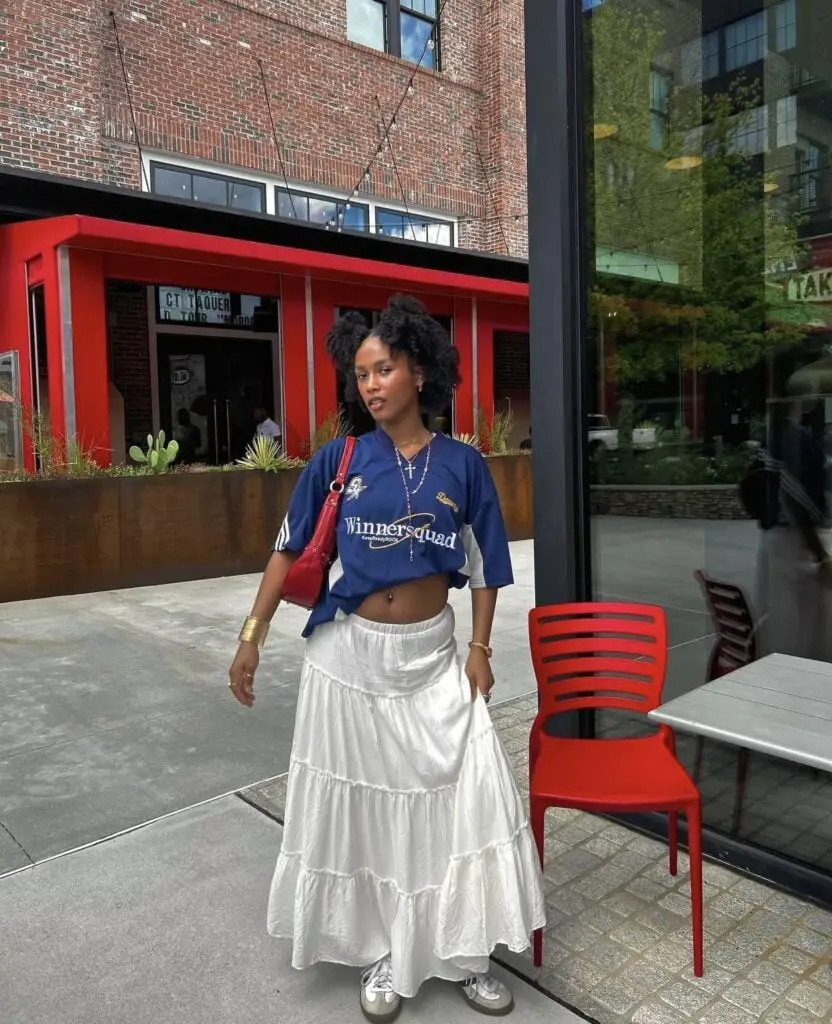 Tiered White Maxi Skirt With Graphic T-shirt — Trendy White Skirt Outfit