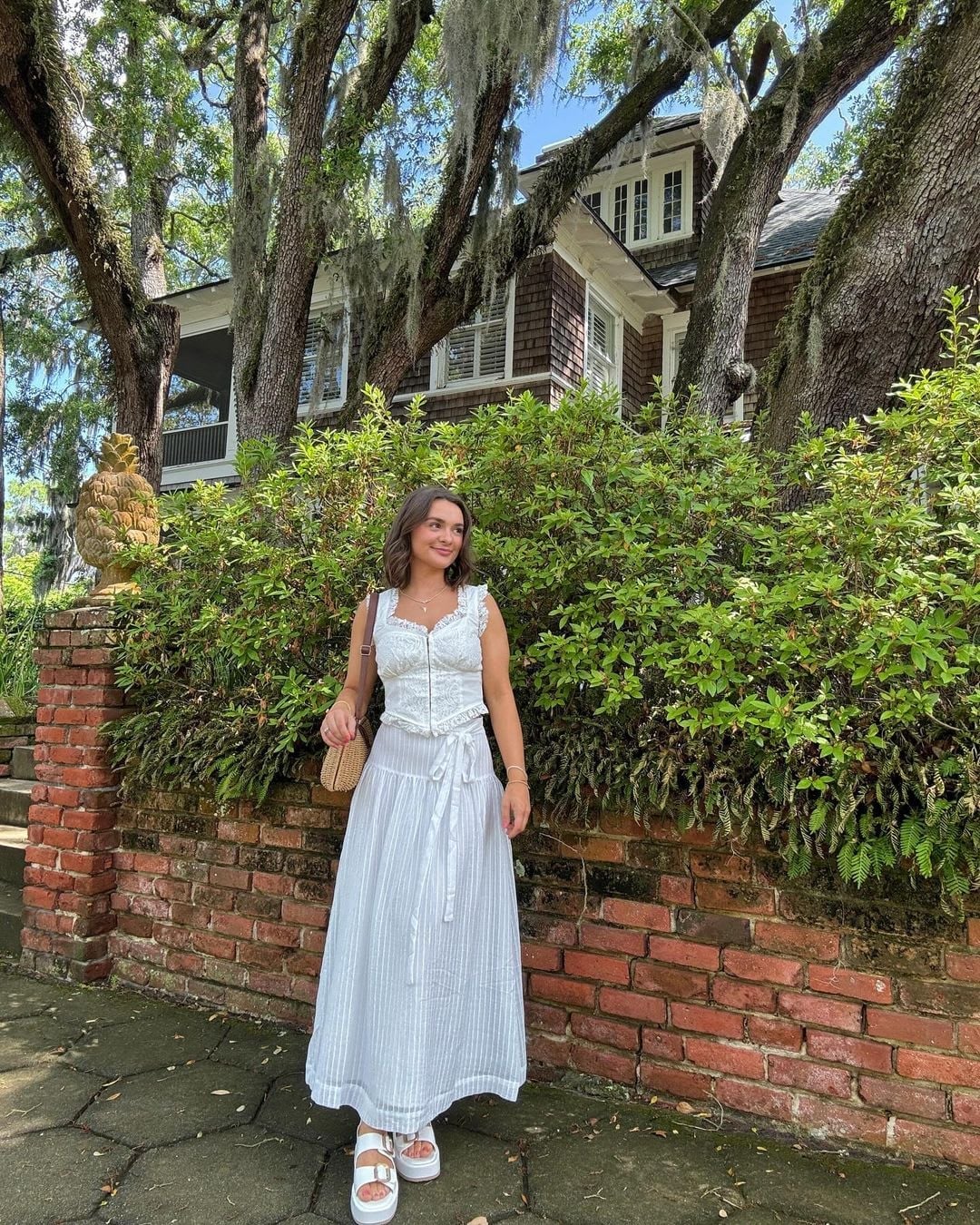 White Textured Cotton Maxi Skirt With Lace Corset Top — Trendy White Skirt Outfit