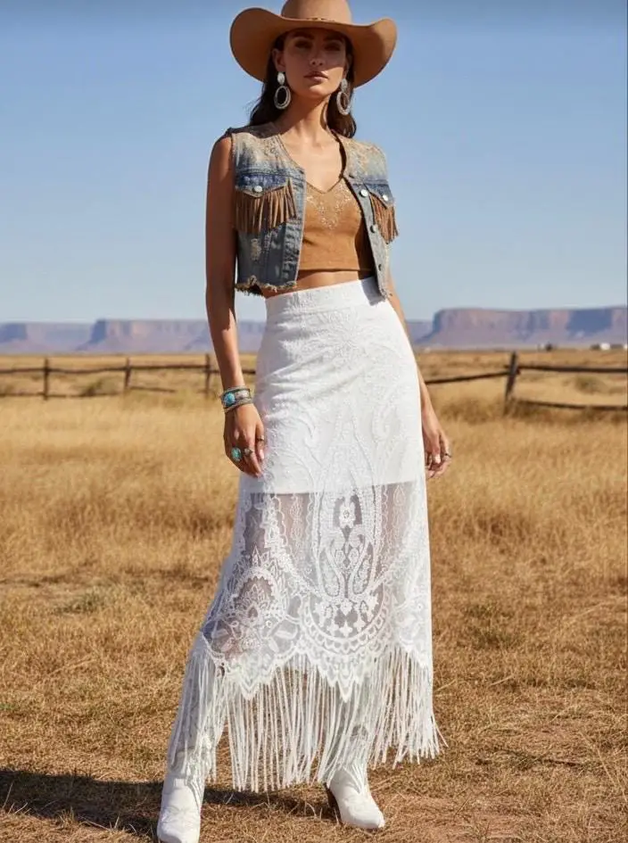 White Lace Maxi Skirt With Fringe — Trendy White Skirt Outfit