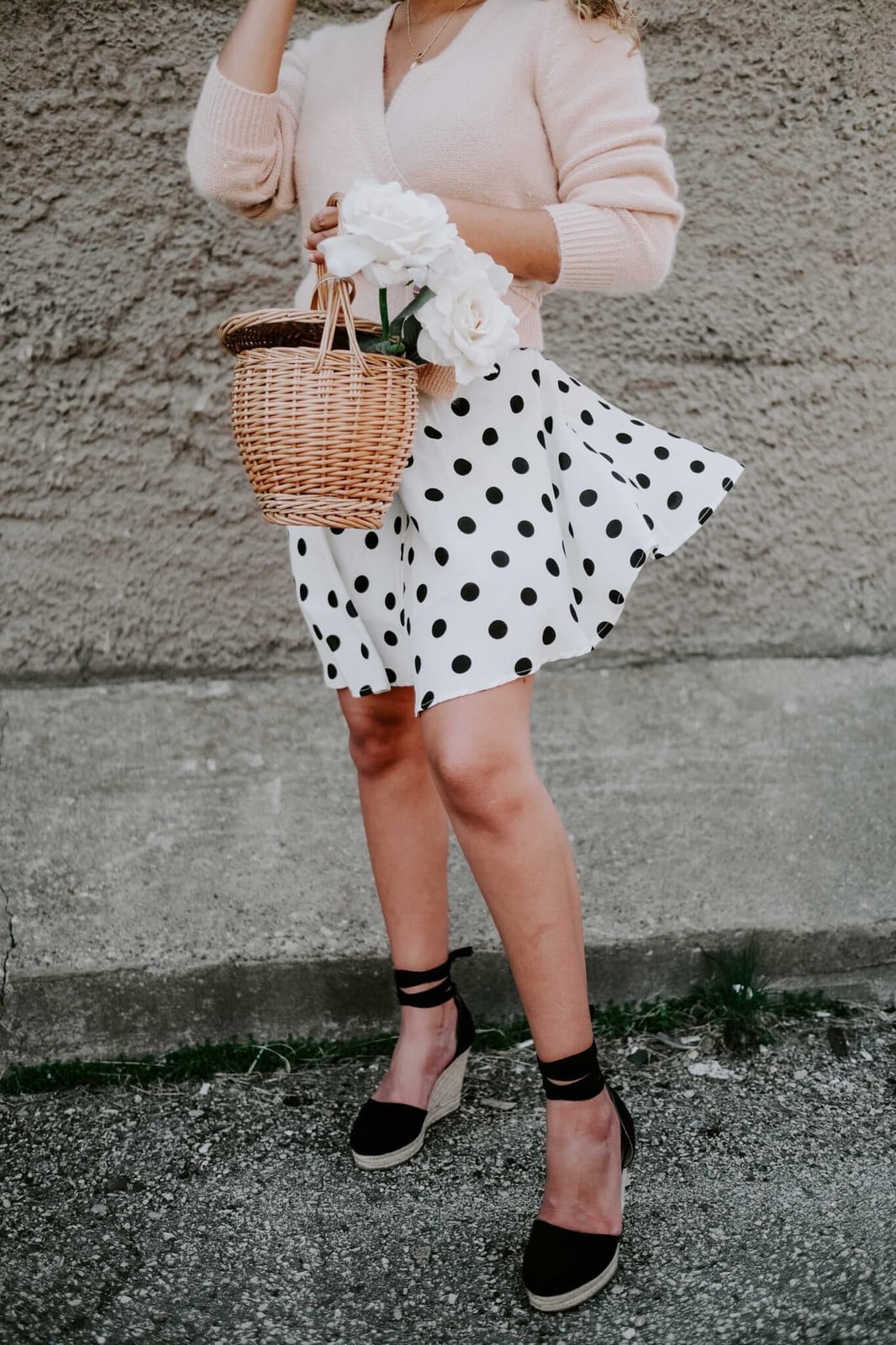 White Polka Dot Mini Skirt With Pink Cardigan — Trendy White Skirt Outfit