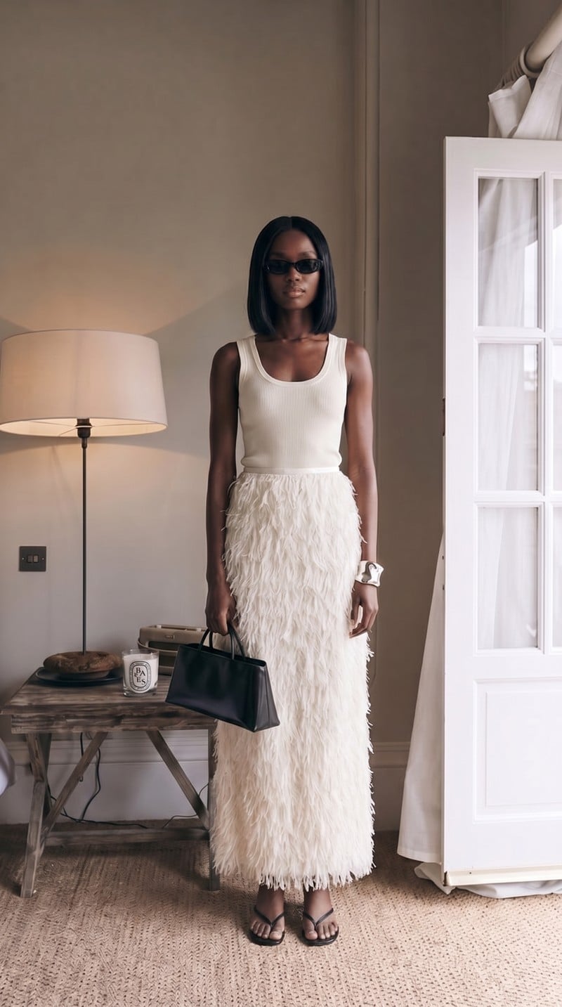 White Feather Maxi Skirt With Ribbed Tank Top — Trendy White Skirt Outfit