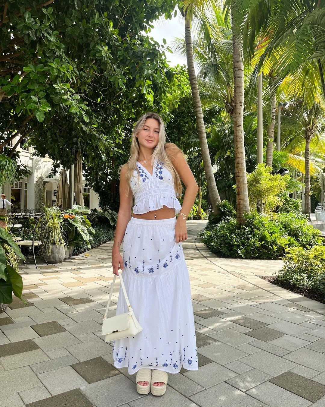 White Tiered Maxi Skirt With Floral Embroidery — Trendy White Skirt Outfit