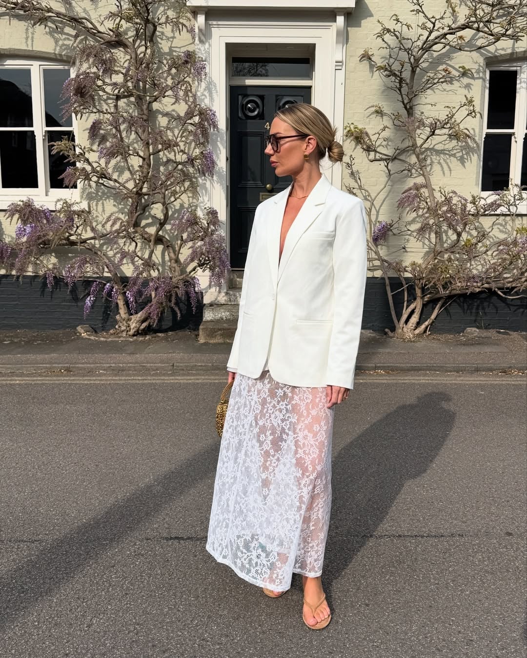 Sheer White Lace Maxi Skirt With Oversized Blazer — Trendy White Skirt Outfit