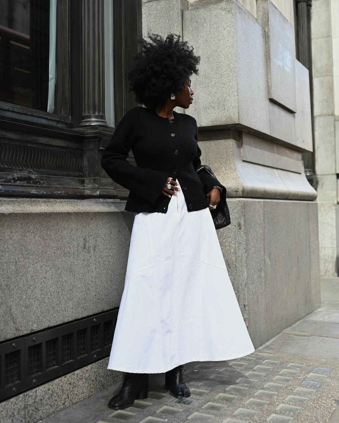 White Denim Maxi Skirt With Button-Up Cardigan — Trendy White Skirt Outfit