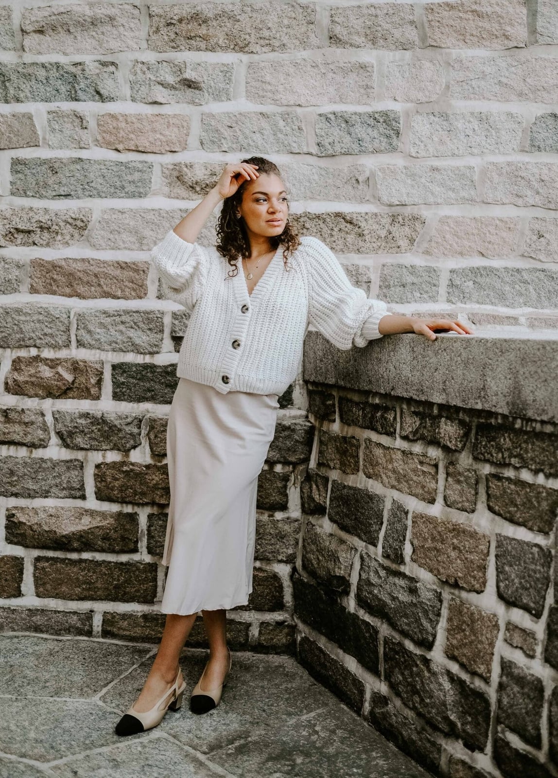 Cream Satin Slip Skirt With Knit Cardigan — Trendy White Skirt Outfit