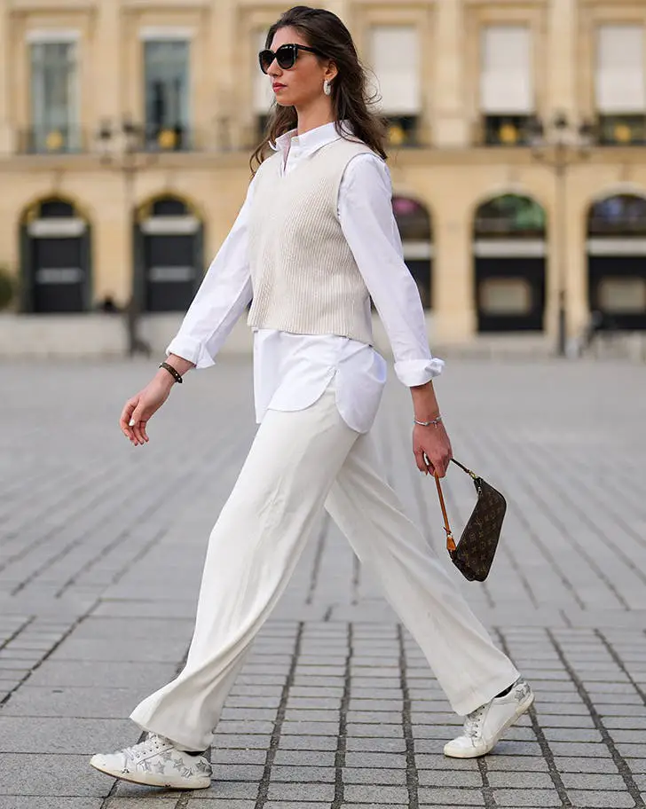 Layered Cream Vest and White Button-Down Shirt Layered Cream Vest and White Button-Down Shirt — Trendy White Sweater Outfit
