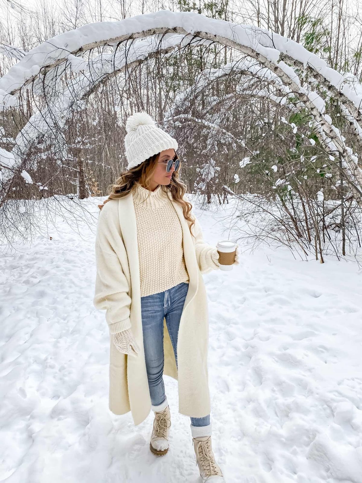 Cream Turtleneck Sweater with Longline Cardigan Cream Turtleneck Sweater with Longline Cardigan — Trendy White Sweater Outfit