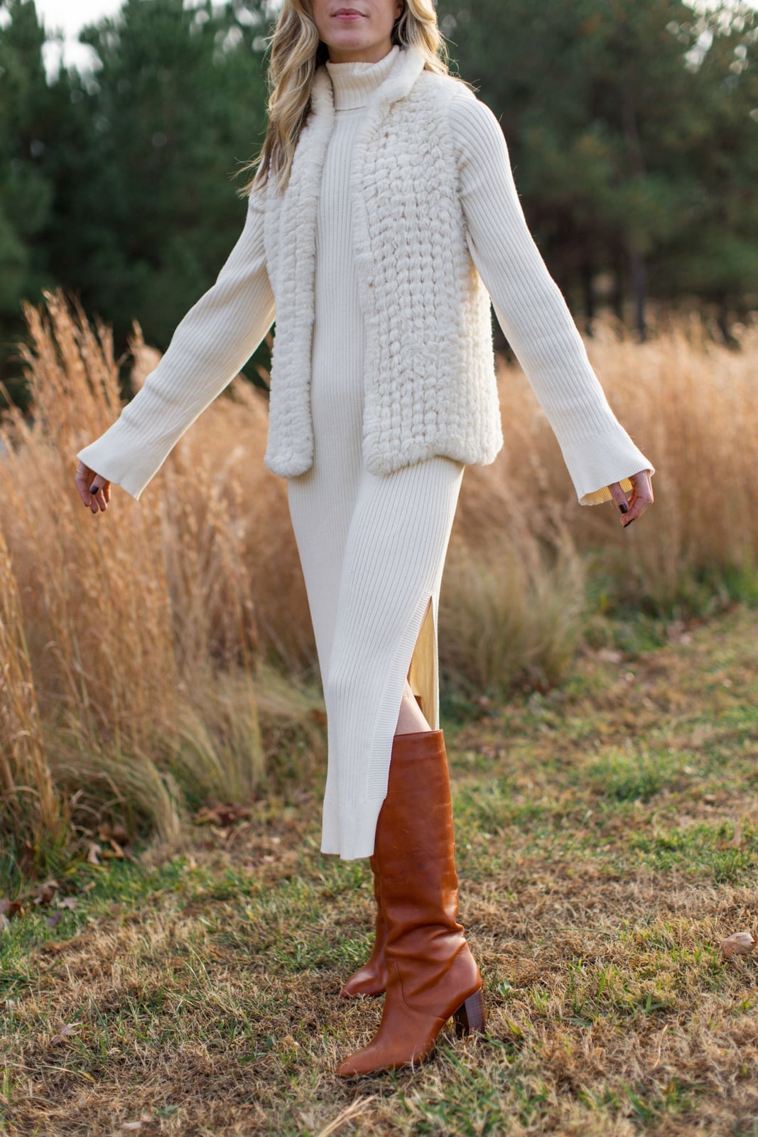 White Sweater Dress Layered with Knit Vest, Longline White Sweater Dress Layered with Knit Vest, Longline — Trendy White Sweater Outfit