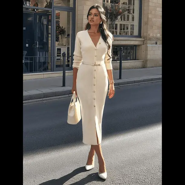 Cream Knit Midi Dress with Button Front Cream Knit Midi Dress with Button Front — Trendy White Sweater Outfit