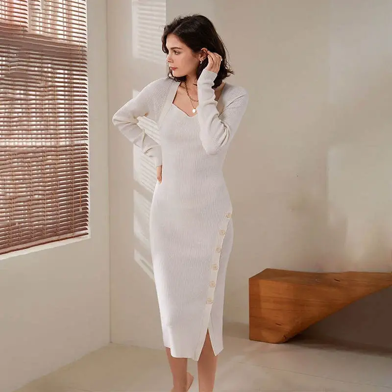 Off-white Ribbed Knit Dress with Sweetheart Neckline Off-white Ribbed Knit Dress with Sweetheart Neckline — Trendy White Sweater Outfit