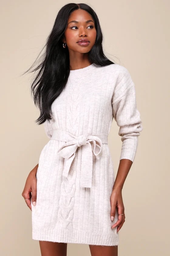 Light Beige Cable Knit Mini Dress with Bow Belt Light Beige Cable Knit Mini Dress with Bow Belt — Trendy White Sweater Outfit