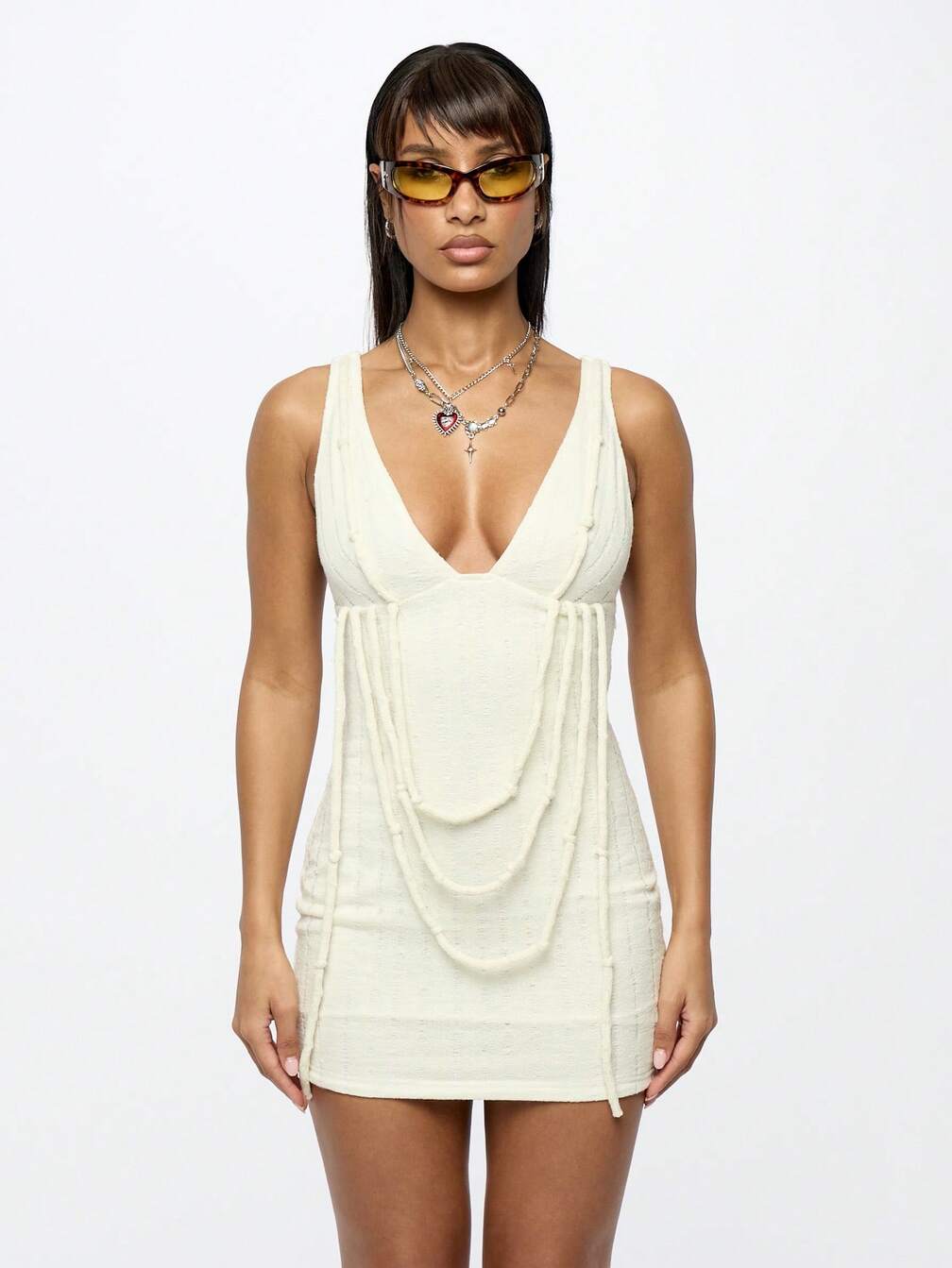 Cream Beaded Fringe Deep Plunge Mini Dress — Trendy Y2K Dress
