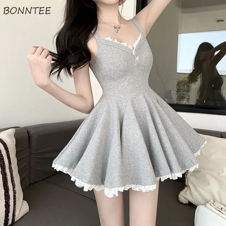 Gray Lace Trim A-Line Mini Dress — Trendy Y2K Dress