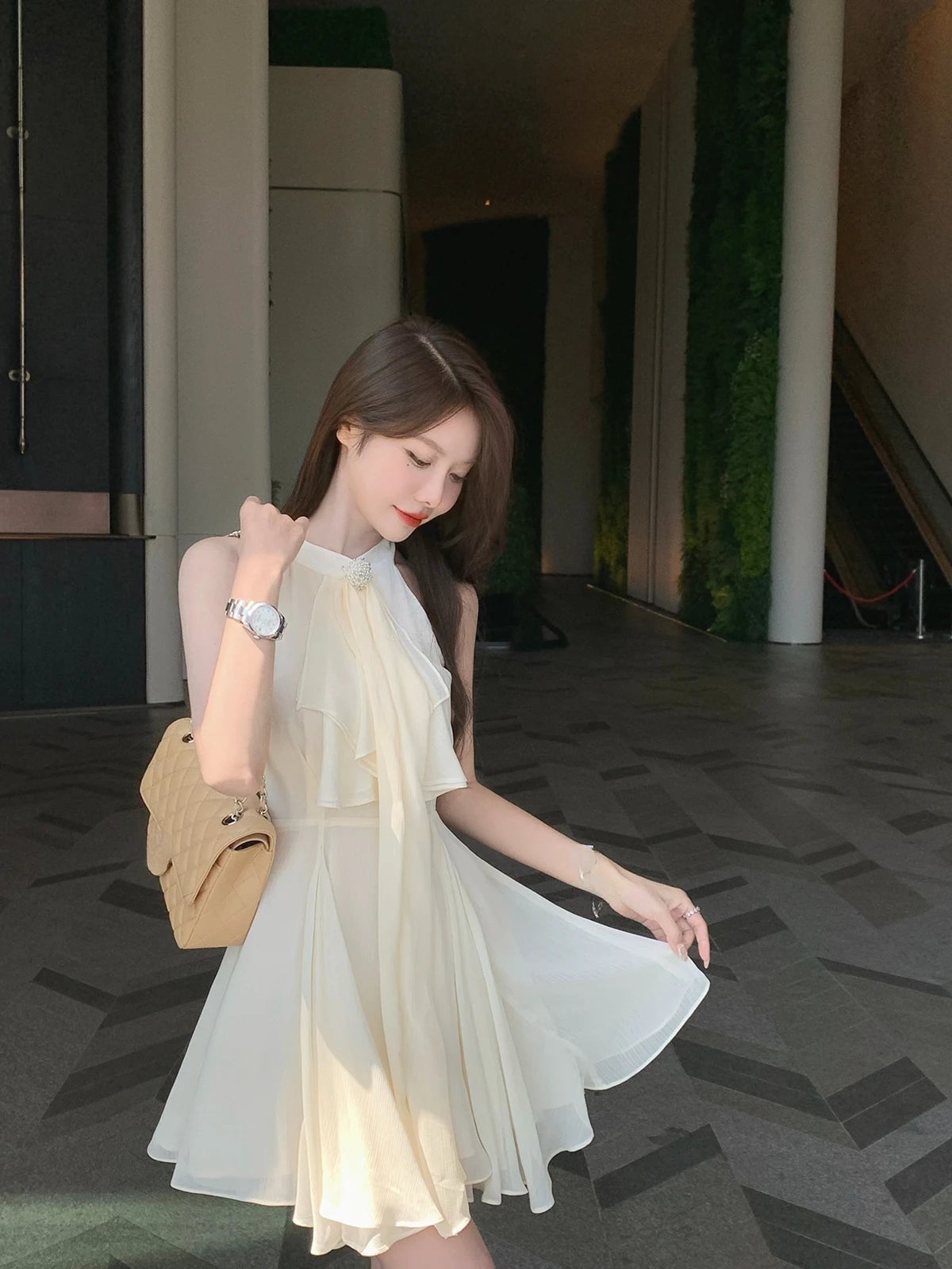 Ivory Ruffled Halter Fit and Flare Mini Dress — Trendy Y2K Dress