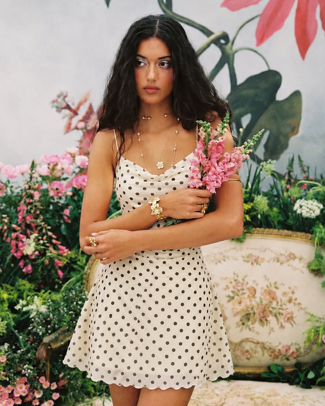 Cream Black Polka Dot Sheer Overlay Mini Dress — Trendy Y2K Dress