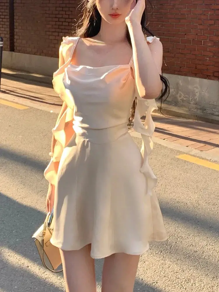 Pale Peach Cowl Neck Ruffled Sleeve Mini Dress — Trendy Y2K Dress