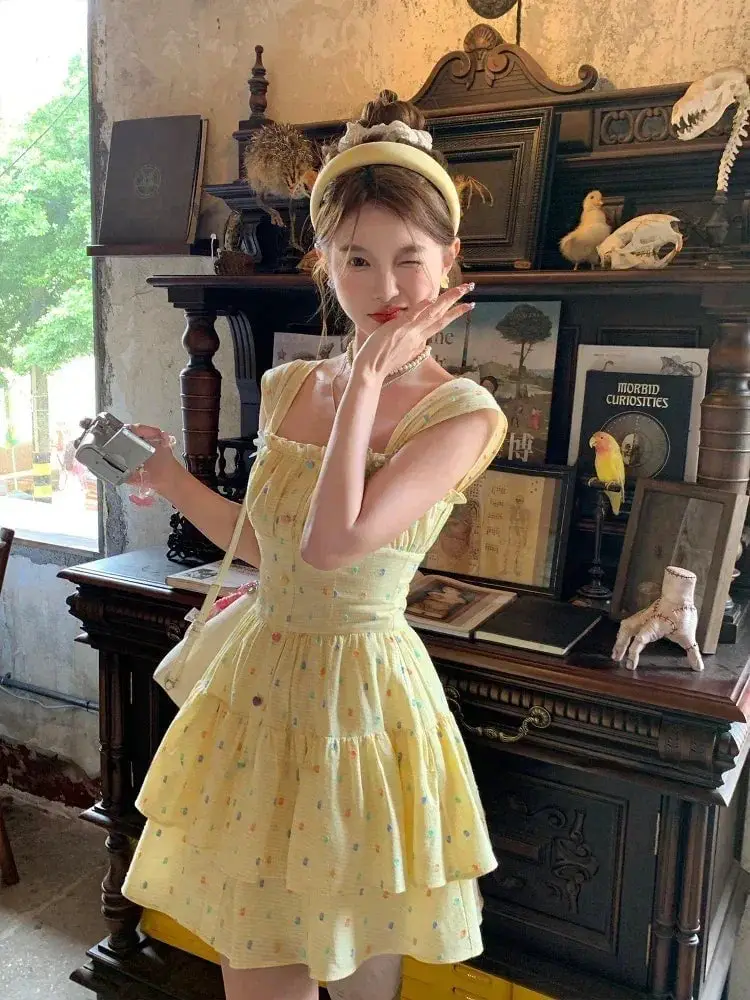Yellow Tiered Skirt Dot Print Mini Dress — Trendy Y2K Dress