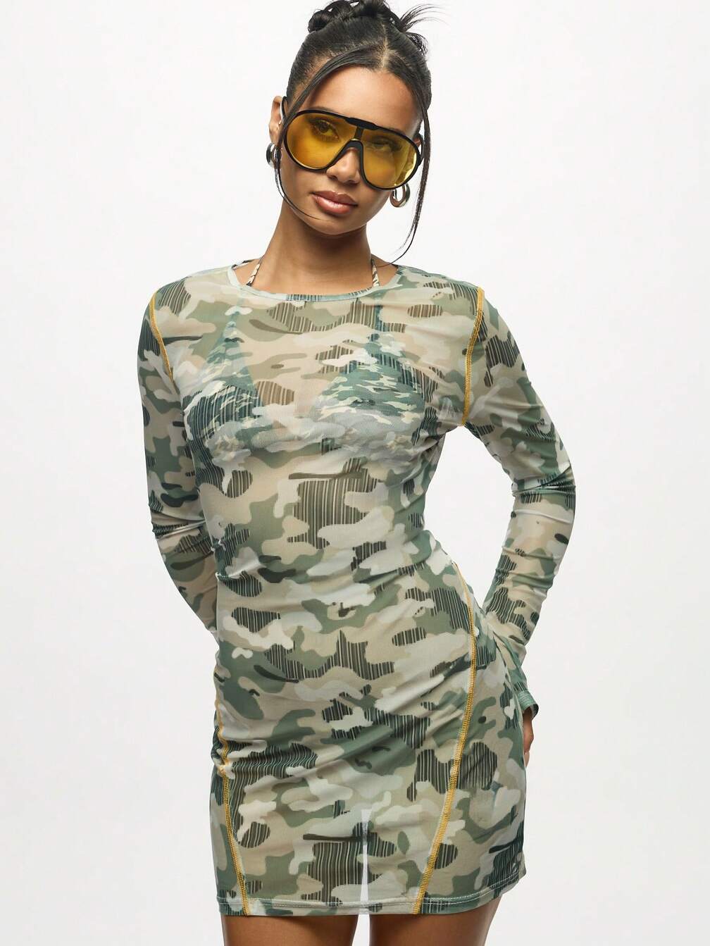 Camouflage Mesh Long Sleeve Mini Dress — Trendy Y2K Dress