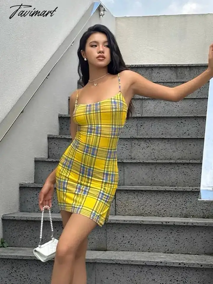 Yellow Plaid Spaghetti Strap Mini Dress — Trendy Y2K Dress