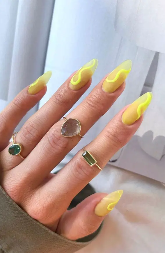 Sheer Yellow Neon Wavy Matte Long Stiletto Nails Sheer Yellow Neon Wavy Matte Long Stiletto Nails — Trendy Yellow Nails