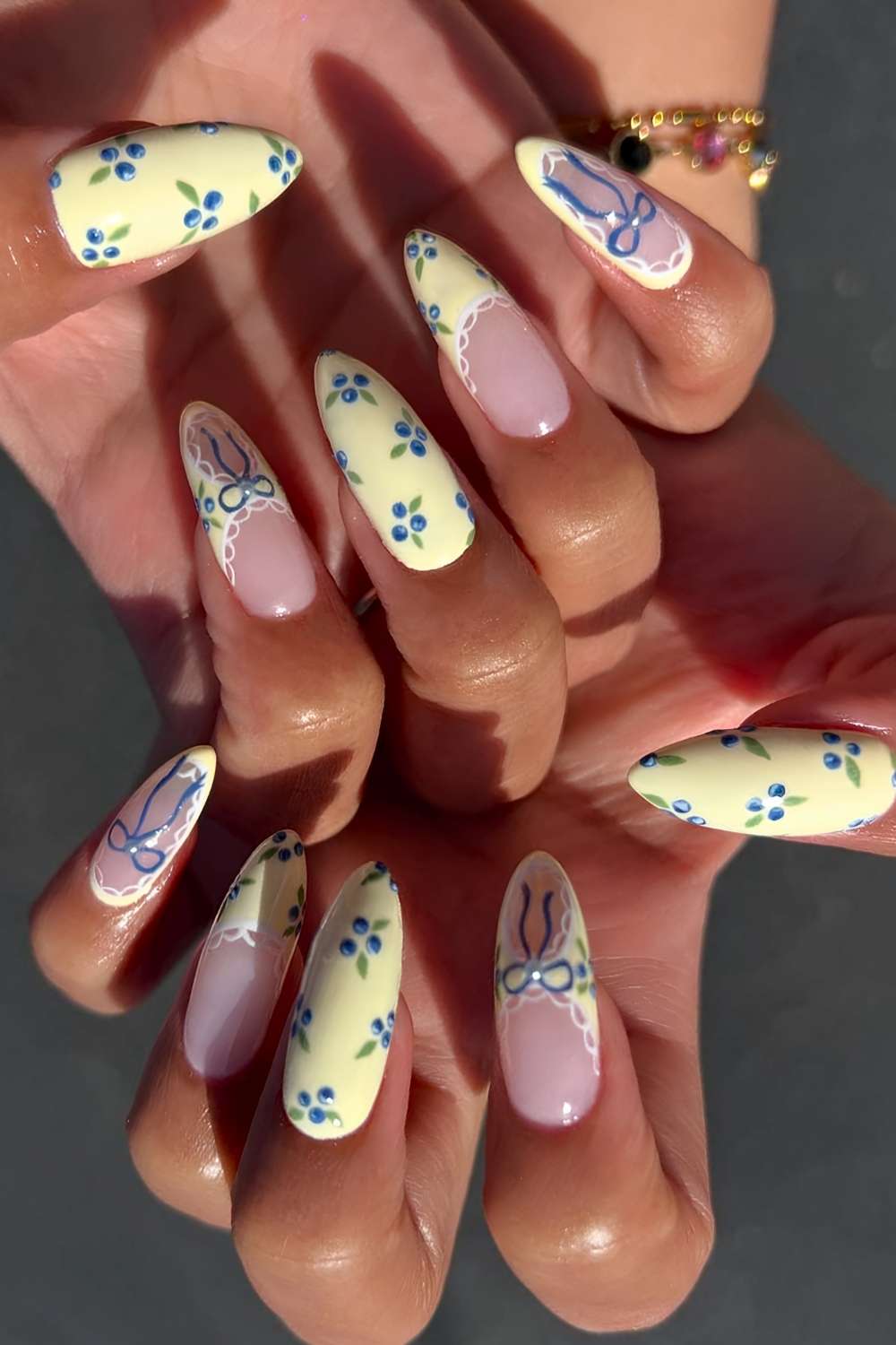 Pale Yellow French Blueberry Bow Medium Almond Nails Pale Yellow French Blueberry Bow Medium Almond Nails — Trendy Yellow Nails