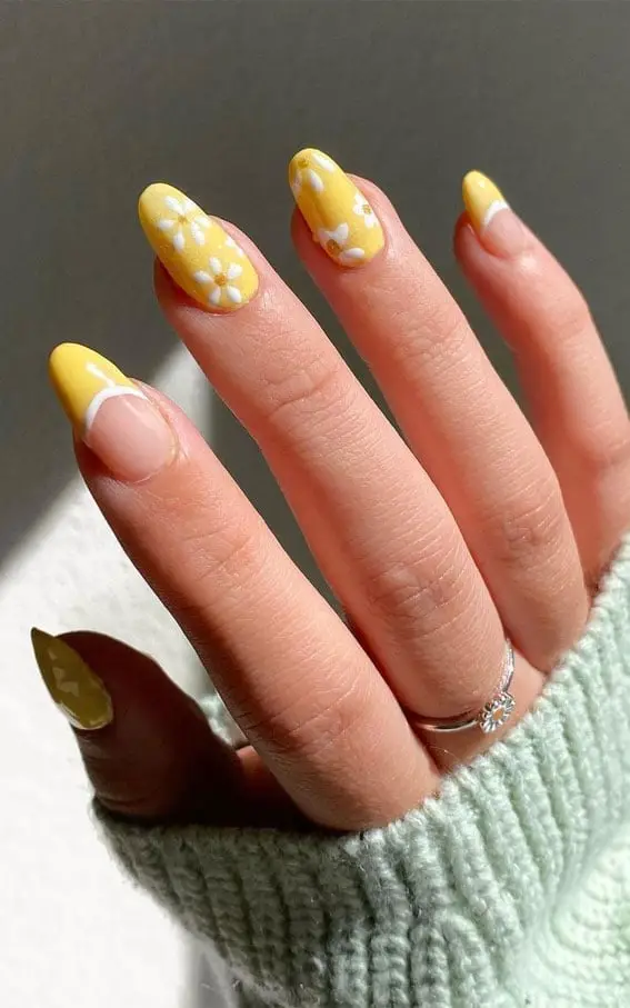Bright Yellow White Floral French Medium Almond Nails Bright Yellow White Floral French Medium Almond Nails — Trendy Yellow Nails