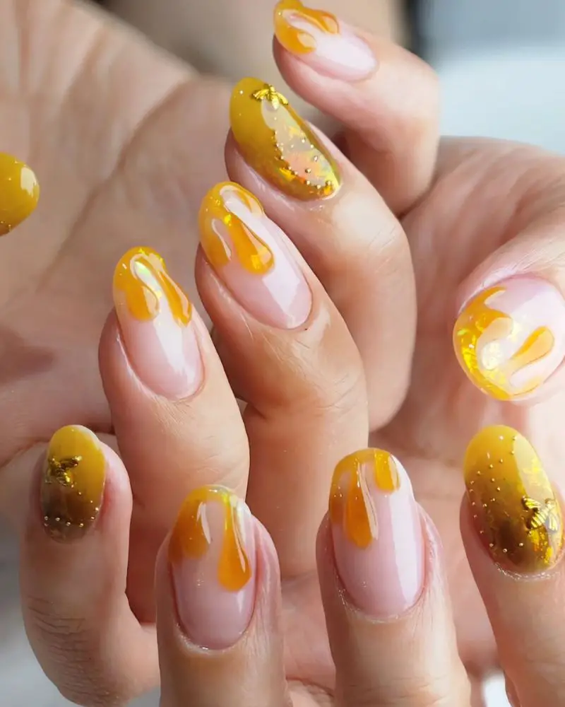 Sheer Pink Bright Yellow Dripping Foil Short Oval Nails Sheer Pink Bright Yellow Dripping Foil Short Oval Nails — Trendy Yellow Nails