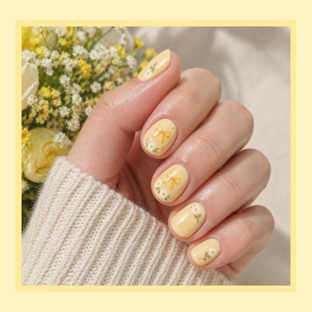 Pastel Yellow Matte Daisy Bow Short Oval Nails Pastel Yellow Matte Daisy Bow Short Oval Nails — Trendy Yellow Nails