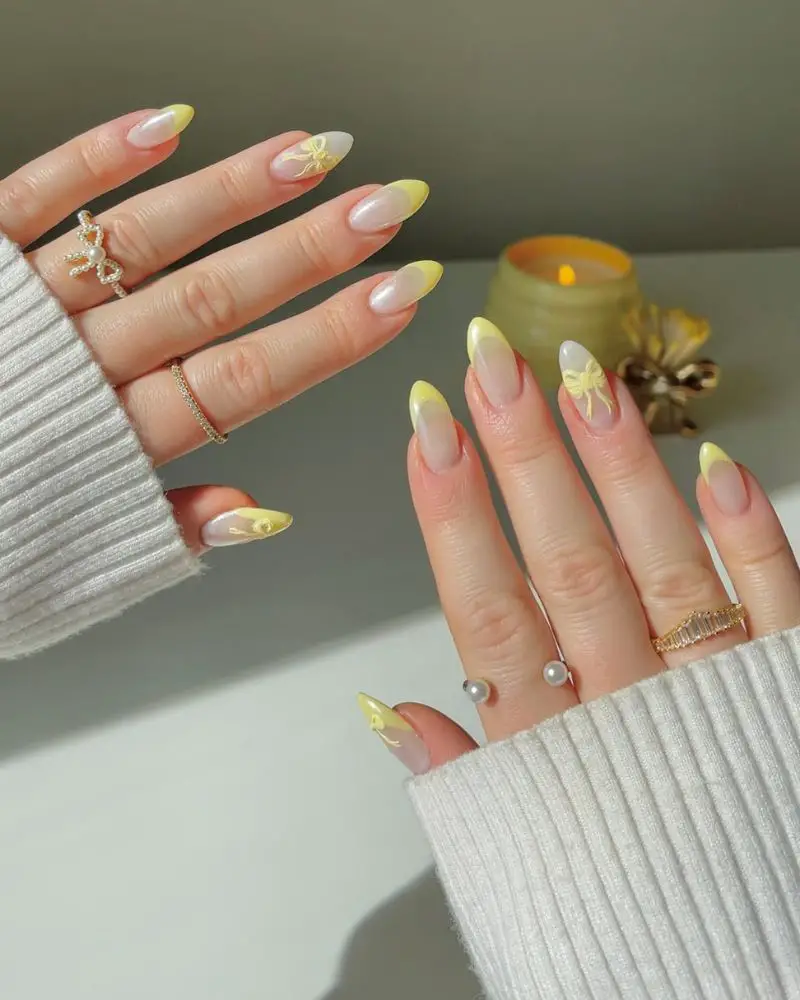 Sheer Nude Yellow French Bow Medium Almond Nails Sheer Nude Yellow French Bow Medium Almond Nails — Trendy Yellow Nails