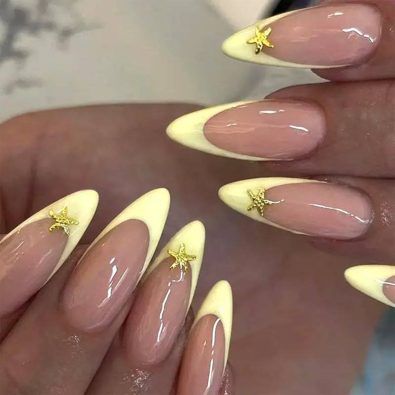 Sheer Pink Pale Yellow French Star Charm Long Almond Nails Sheer Pink Pale Yellow French Star Charm Long Almond Nails — Trendy Yellow Nails