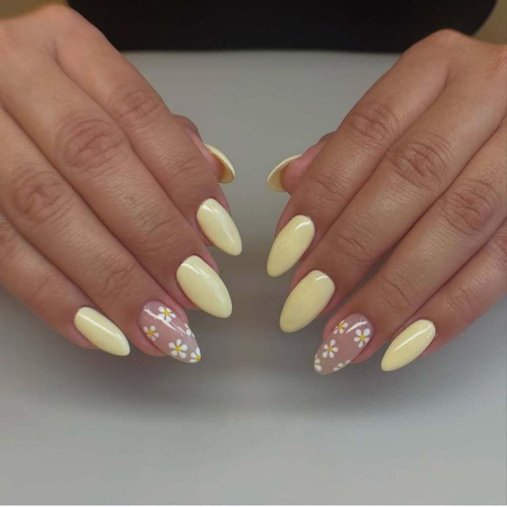 Pale Yellow Daisy Long Almond Nails Pale Yellow Daisy Long Almond Nails — Trendy Yellow Nails