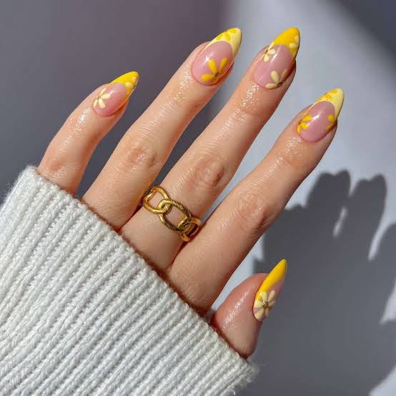 Sheer Pink Yellow Floral Long Almond Nails Sheer Pink Yellow Floral Long Almond Nails — Trendy Yellow Nails