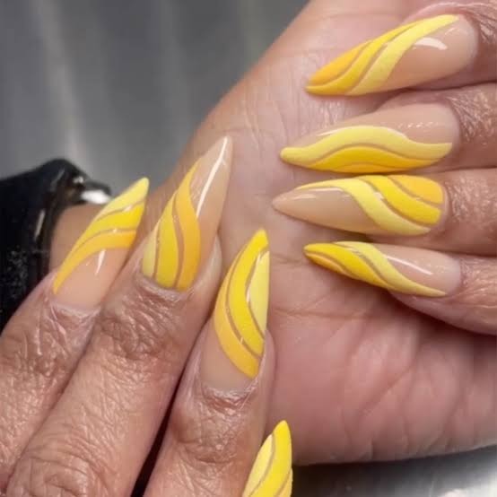 Sheer Nude Gradient Yellow Wavy Long Almond Nails Sheer Nude Gradient Yellow Wavy Long Almond Nails — Trendy Yellow Nails