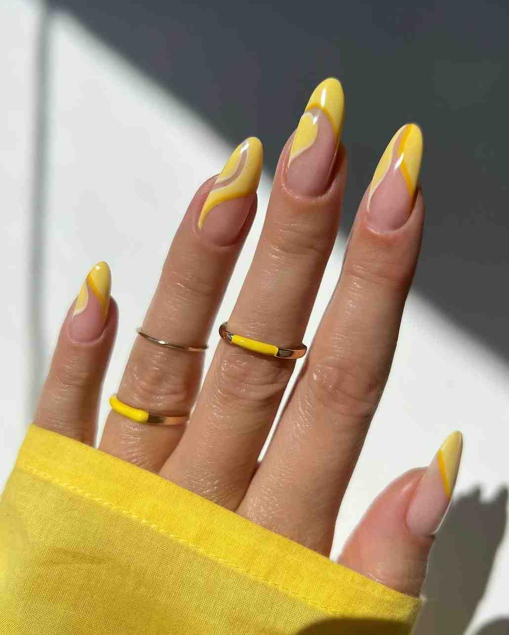 Sheer Base Abstract Yellow Wavy Long Almond Nails Sheer Base Abstract Yellow Wavy Long Almond Nails — Trendy Yellow Nails