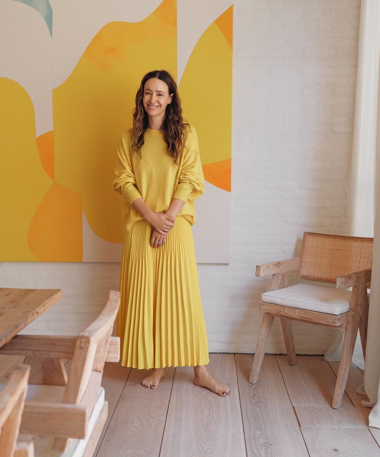 Bright Yellow Crewneck Sweater and Pleated Midi Skirt Bright Yellow Crewneck Sweater and Pleated Midi Skirt — Trendy Yellow Outfits