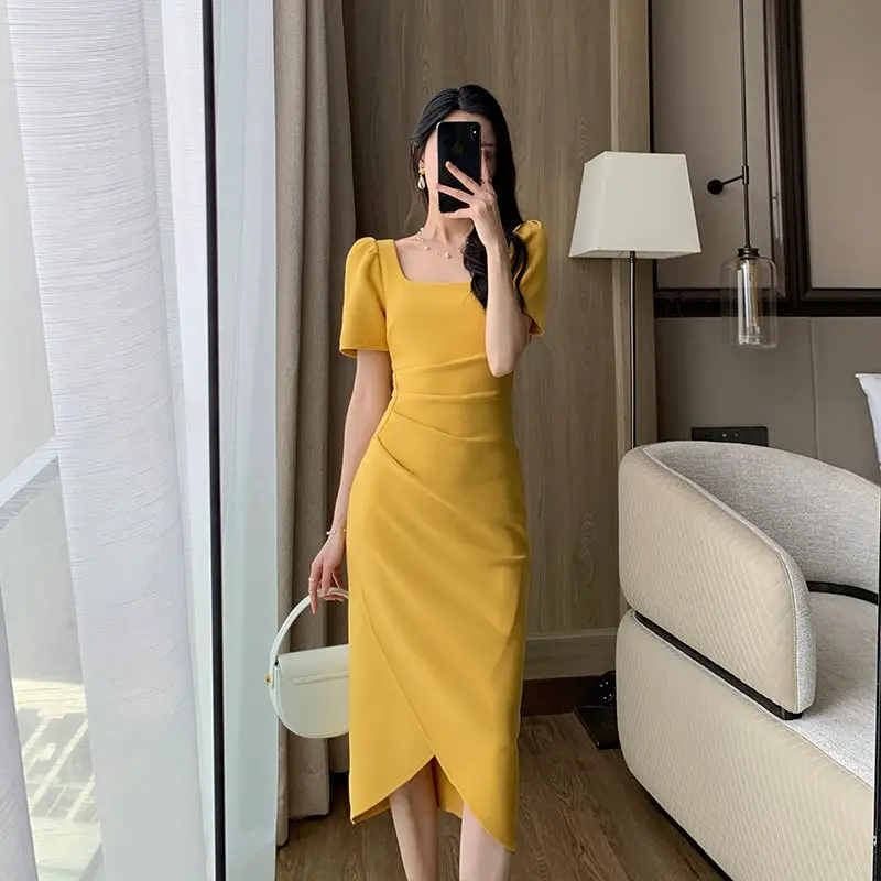 Yellow Square Neck Dress Ruched Detail Yellow Square Neck Dress Ruched Detail — Trendy Yellow Outfits