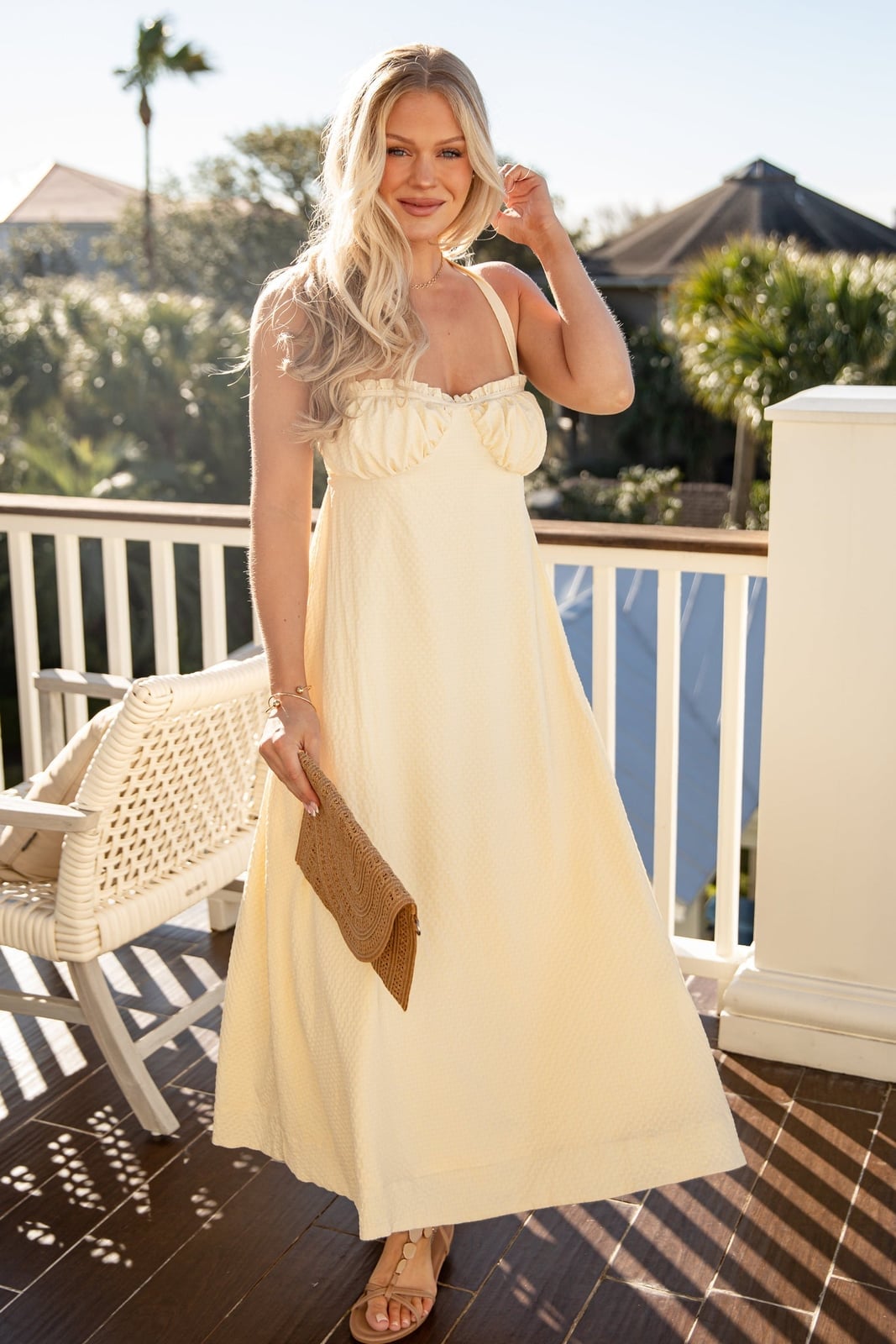 Pale Yellow Halter Neck Midi Dress Daytime Pale Yellow Halter Neck Midi Dress Daytime — Trendy Yellow Outfits