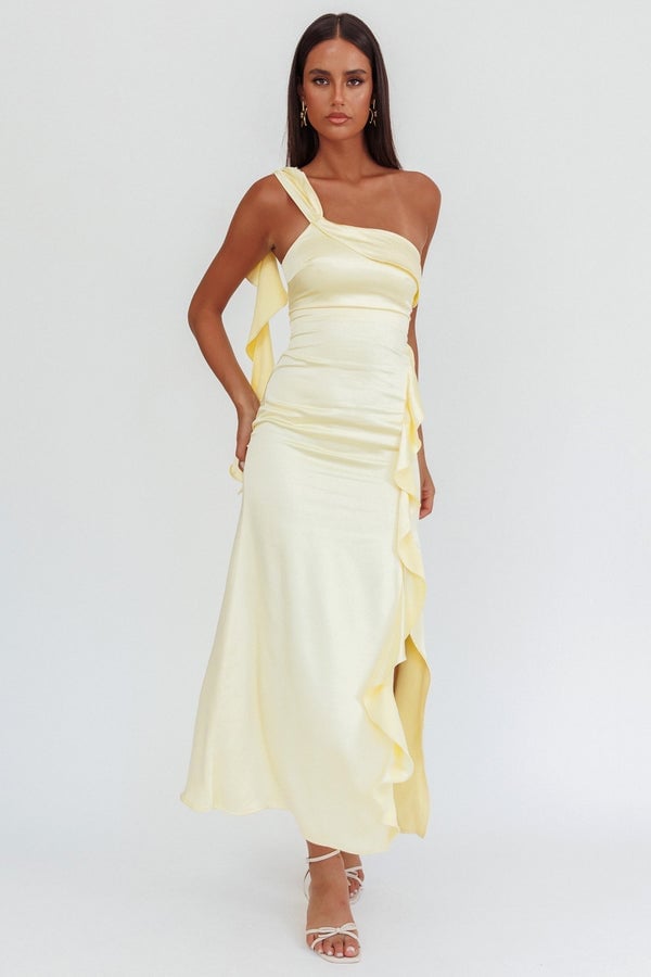 Pale Yellow Satin One-Shoulder Dress Evening Pale Yellow Satin One-Shoulder Dress Evening — Trendy Yellow Outfits