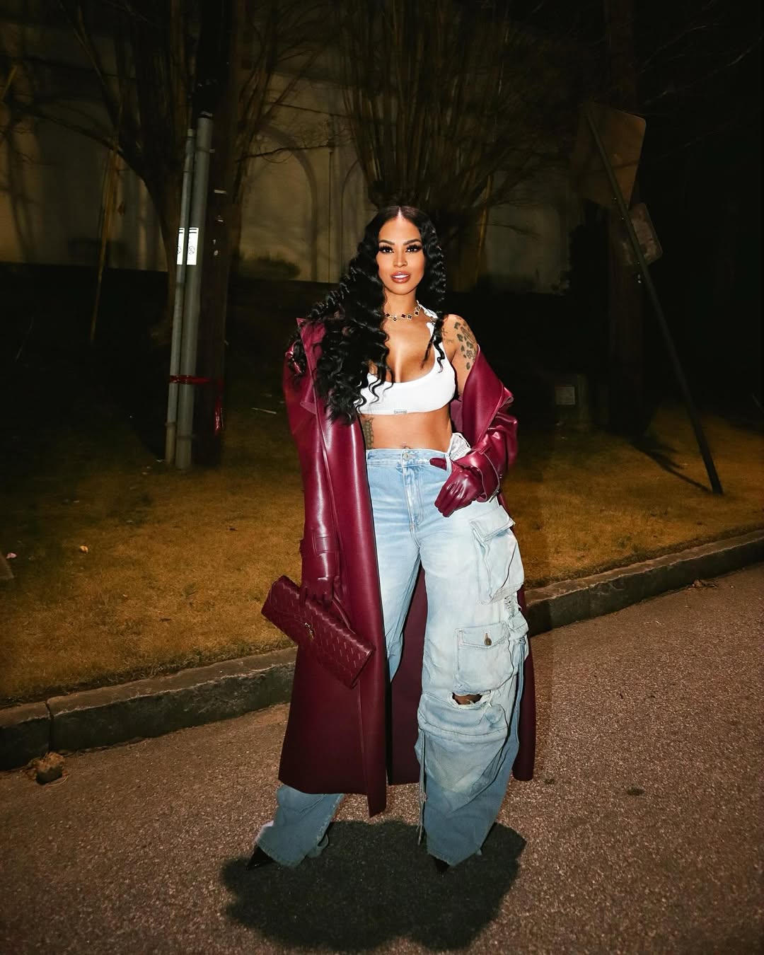 Long Burgundy Leather Coat With Cargo Pants Long Burgundy Leather Coat With Cargo Pants — Y2K Party Outfit Inspiration