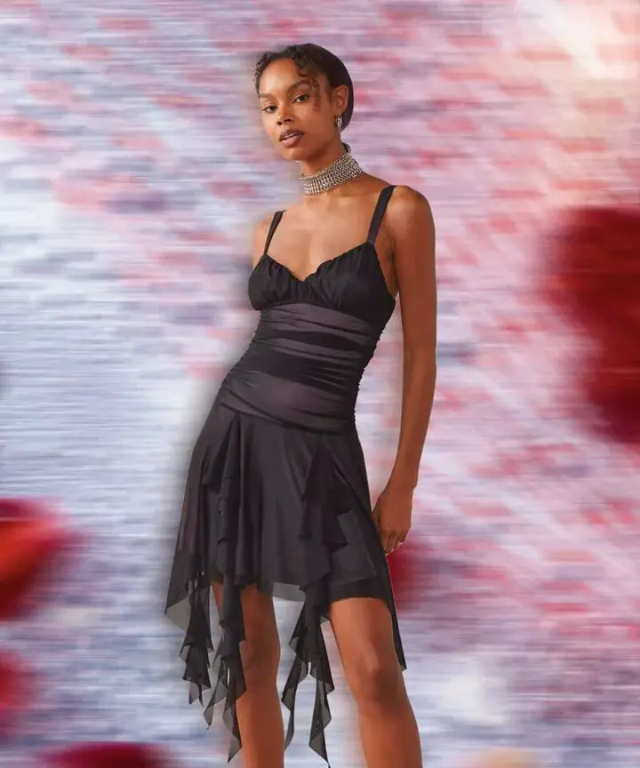 Black Ruched Mini Dress With Tiered Hem Black Ruched Mini Dress With Tiered Hem — Y2K Party Outfit Inspiration