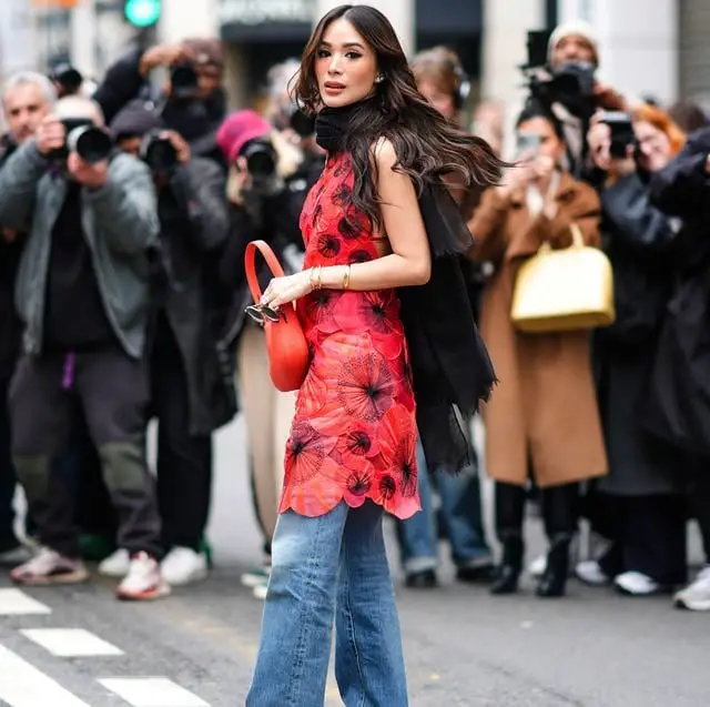 Red Floral Dress Over Wide-Leg Jeans Red Floral Dress Over Wide-Leg Jeans — Y2K Party Outfit Inspiration