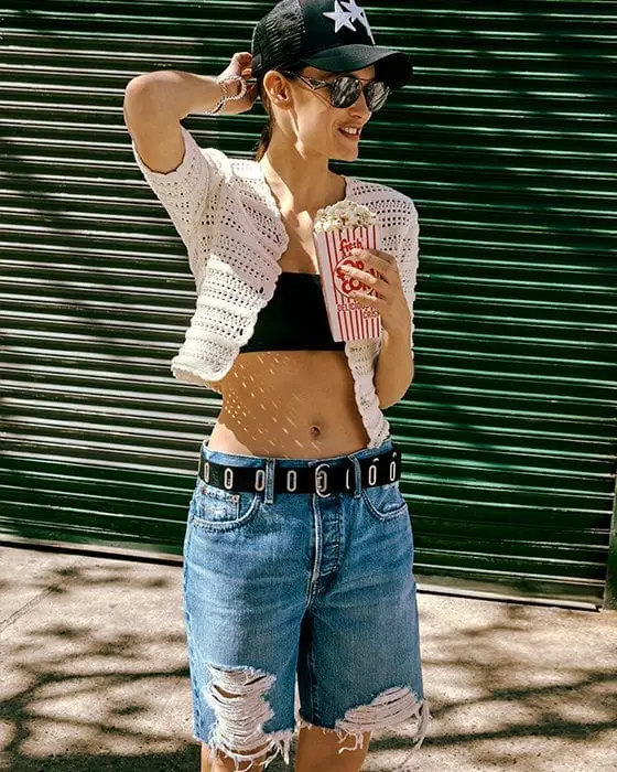 Crochet Cardigan With Distressed Denim Shorts Crochet Cardigan With Distressed Denim Shorts — Y2K Party Outfit Inspiration