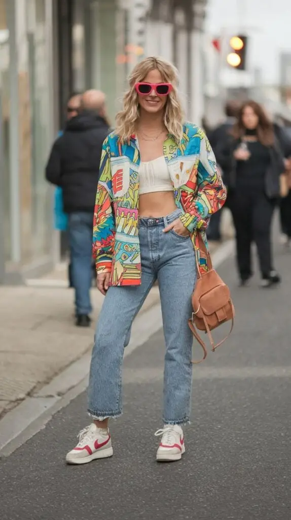 Graphic Print Shirt Over Crop Top Graphic Print Shirt Over Crop Top — Y2K Party Outfit Inspiration