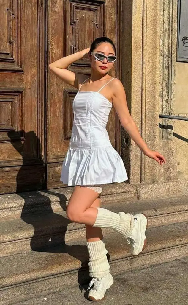 White Mini Dress With Leg Warmers White Mini Dress With Leg Warmers — Y2K Party Outfit Inspiration