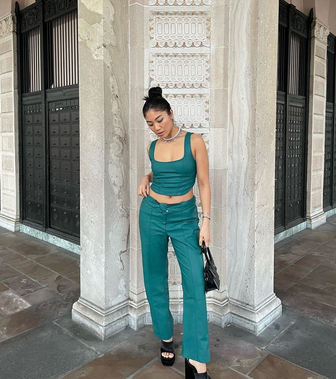 Teal Cropped Tank Top With Trousers Teal Cropped Tank Top With Trousers — Y2K Party Outfit Inspiration